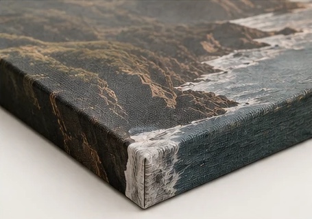 Close-up of one corner of a NOREN canvas print, the coastline image wrapped around the wooden stretcher bar