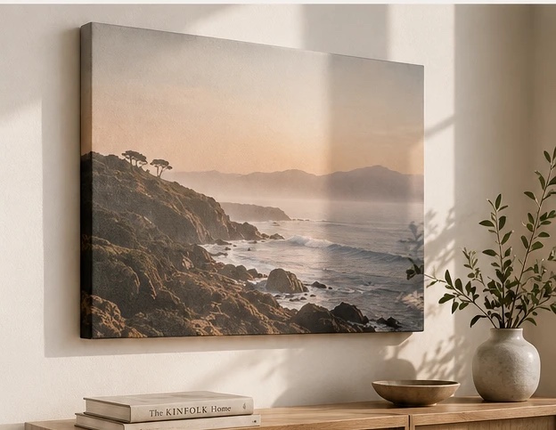 A NOREN canvas print of a rocky coastline at dusk, hung above a wooden sideboard with books, a bowl and a vase of eucalyptus